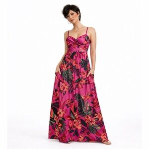 Band of the Free Empire Waist Bustier Tropical Pink Floral Maxi Dress Pockets M